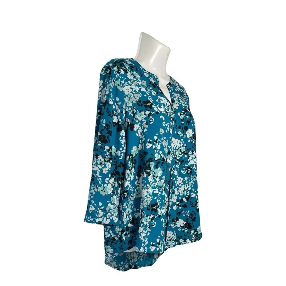 Dana Buchman Top Blouse Sz Medium Teal Blue Floral 3/4 Sleeve Split Neck Career